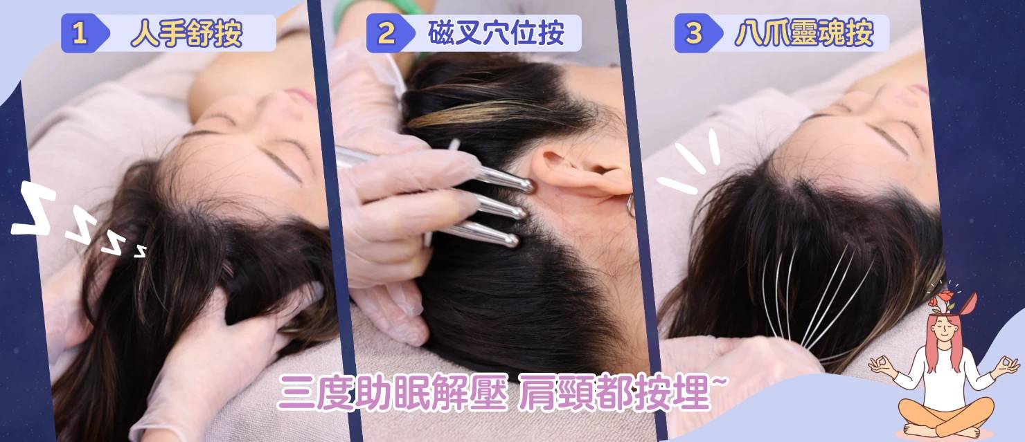 三個面板描繪了頭部按摩：1）手部按摩，2）金屬工具按摩，3）用白線表示壓力的手部按摩。下面的文字風格輕鬆。.